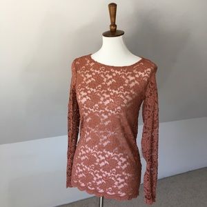 Rust Rose Scalloped Long Sleeved Sheer Lace Top